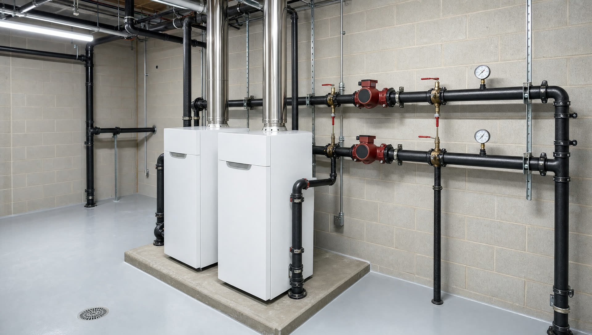 AI render of a commercial boiler room: copper boiler connections and steel headers