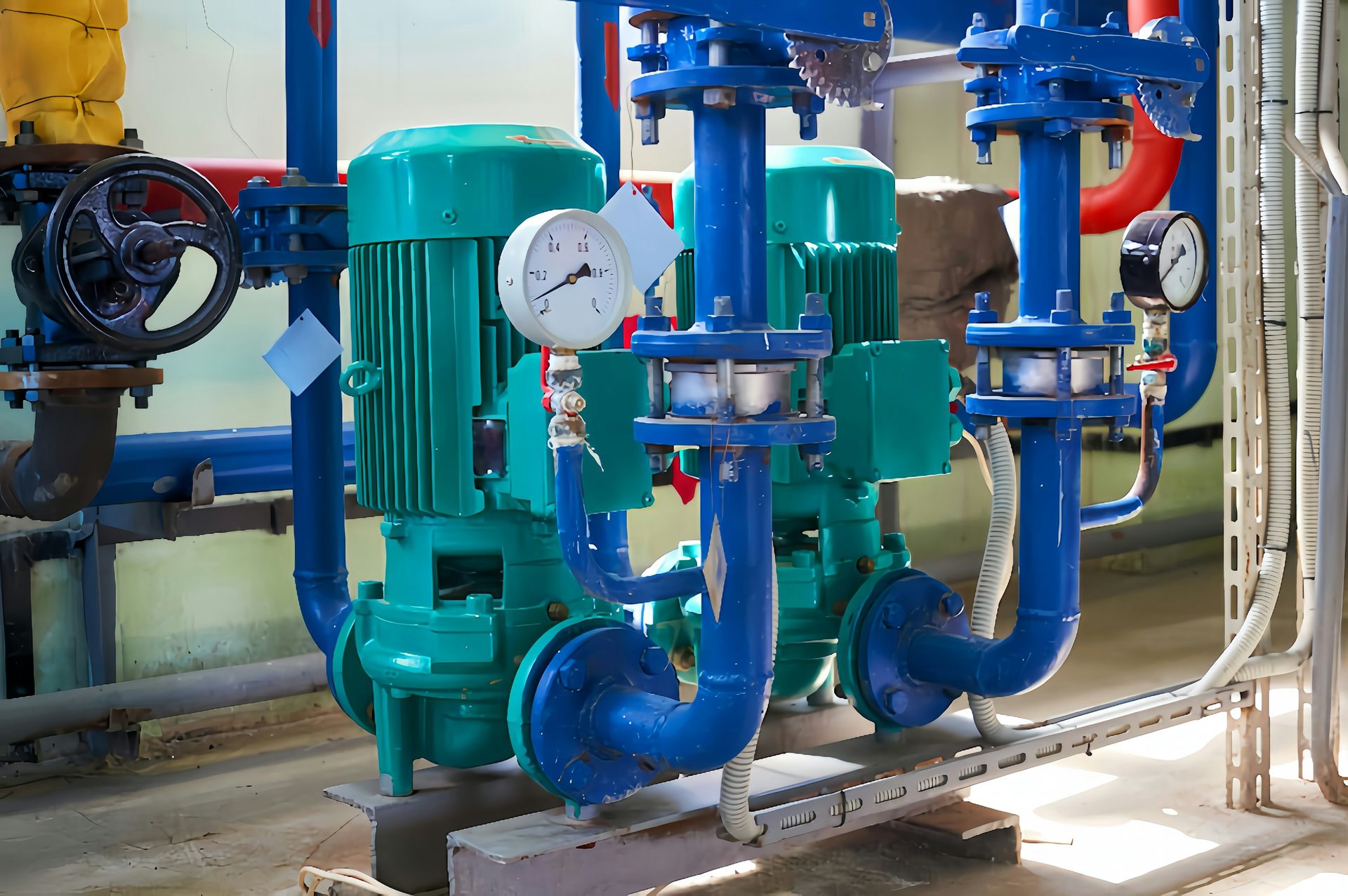Circulating pumps and blue piping in a plant room